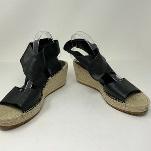 NEW Eileen Fisher Willow Black Leather Open Toe Espadrille Wedge Sandals Shoes -